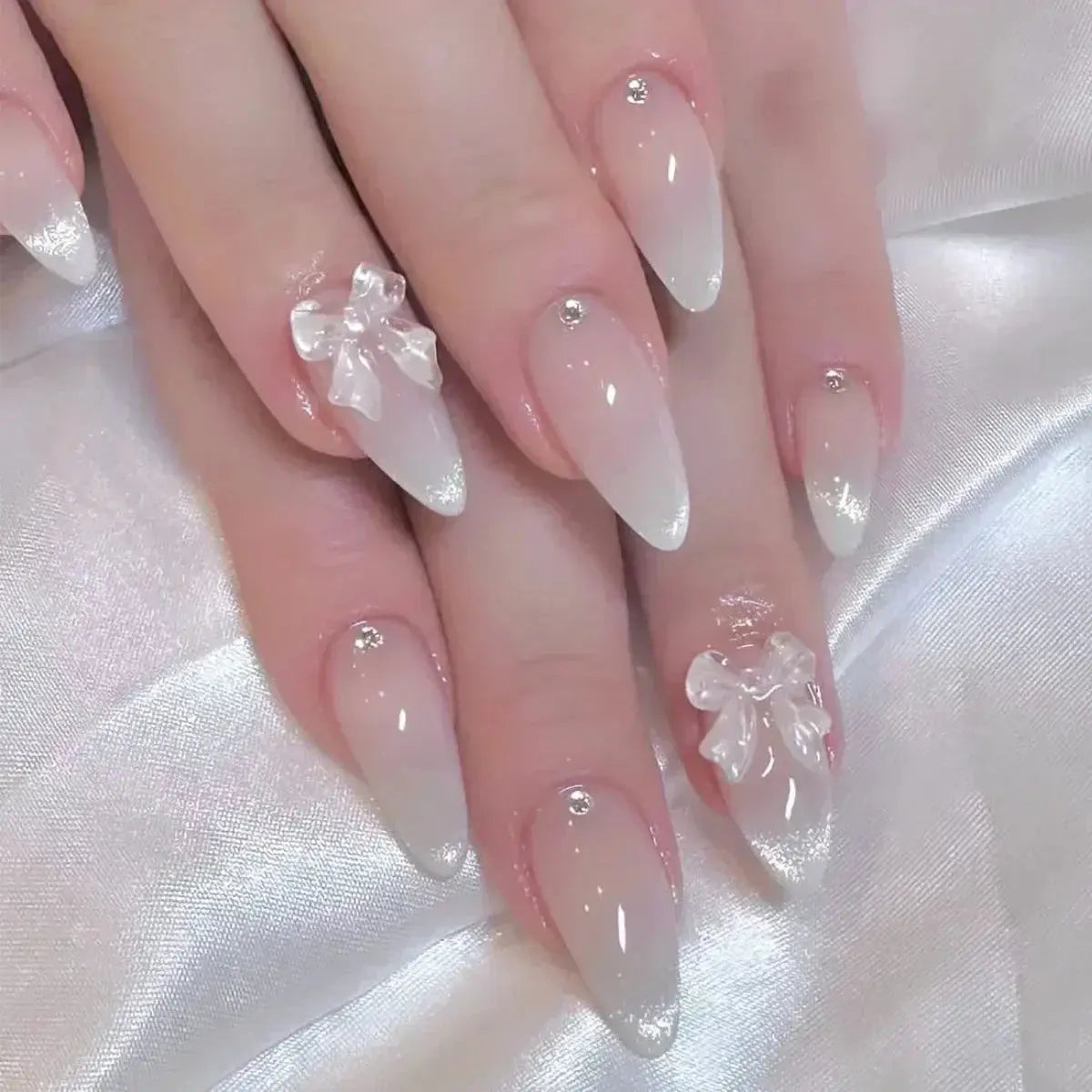 24Pcs Pink Almond False Nails Butterfly Ballet with French Design Wearable Fake Nails Simple Artificial Press on Nails Tips Art Tech Triumph Shop