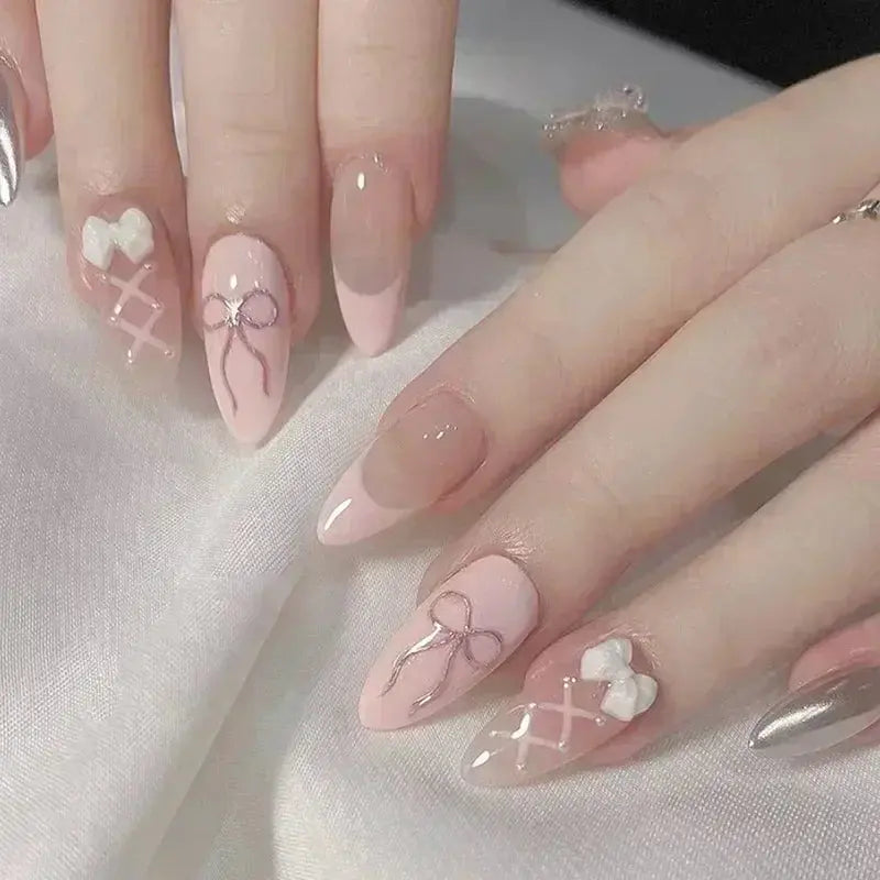 24Pcs Pink Almond False Nails Butterfly Ballet with French Design Wearable Fake Nails Simple Artificial Press on Nails Tips Art Tech Triumph Shop
