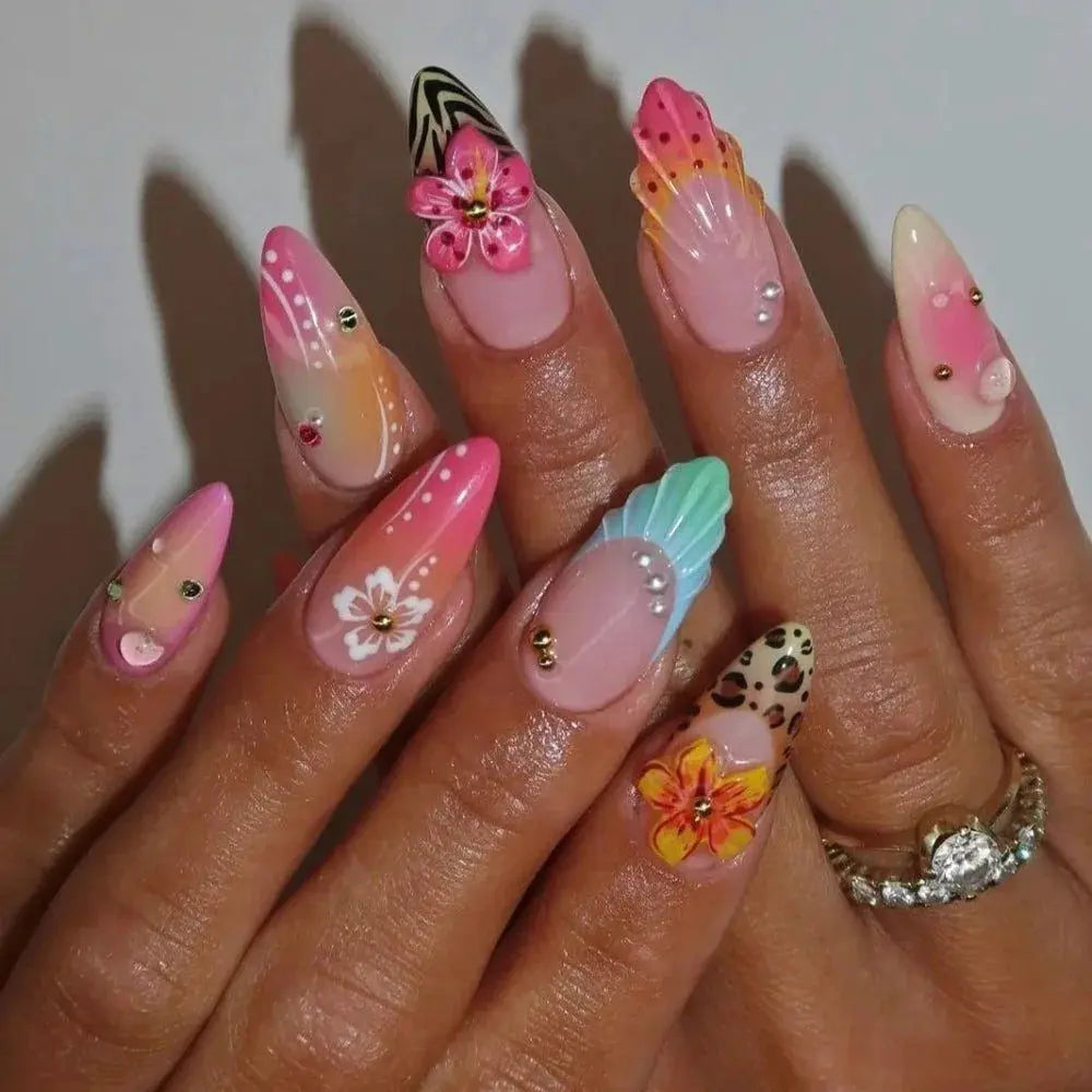 24Pcs Pink Almond False Nails Butterfly Ballet with French Design Wearable Fake Nails Simple Artificial Press on Nails Tips Art Tech Triumph Shop