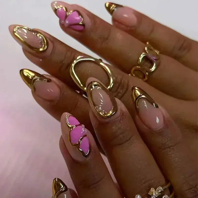 24Pcs Pink Almond False Nails Butterfly Ballet with French Design Wearable Fake Nails Simple Artificial Press on Nails Tips Art Tech Triumph Shop