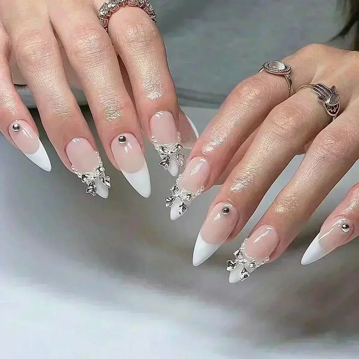 24Pcs False Nails Spicy Girl Silver Bow with Diamond Fake Nails with Glue Almond Press on Nails Black Cool Y2k Almond Nail Set Tech Triumph Shop