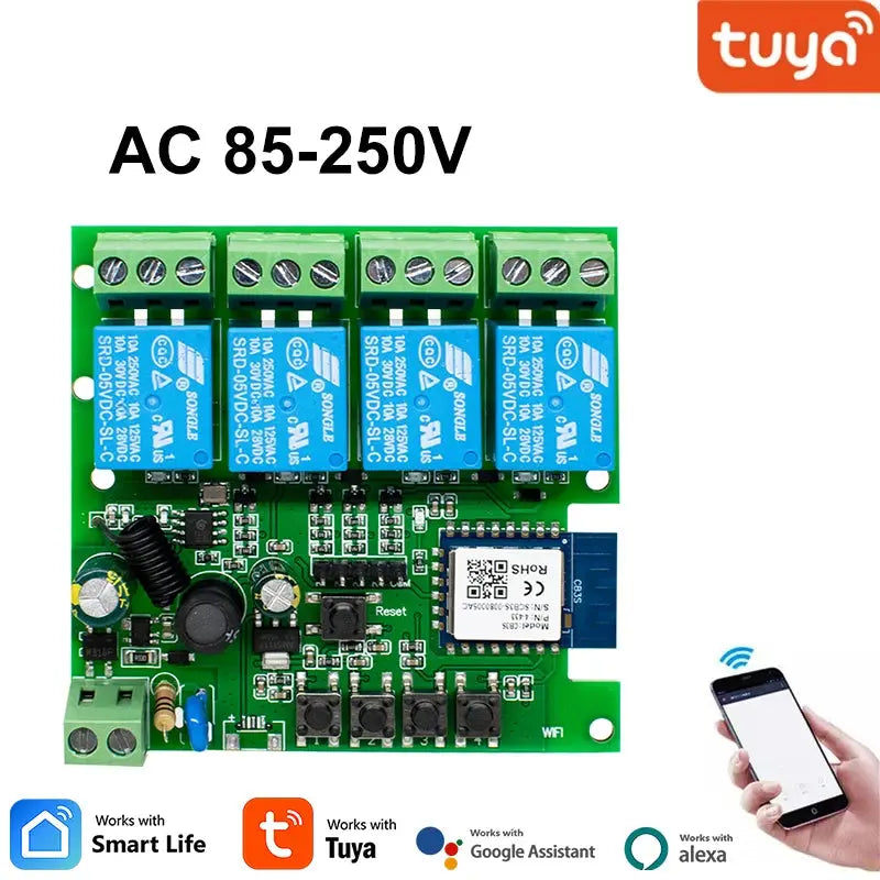 4CH Tuya Wifi Relay Smart Wireless Switch Module 4 Channel 7-32V 85-250V 220V 110V 2200W RF433 10A 4 Way Receiver For Alexa Tech Triumph Shop