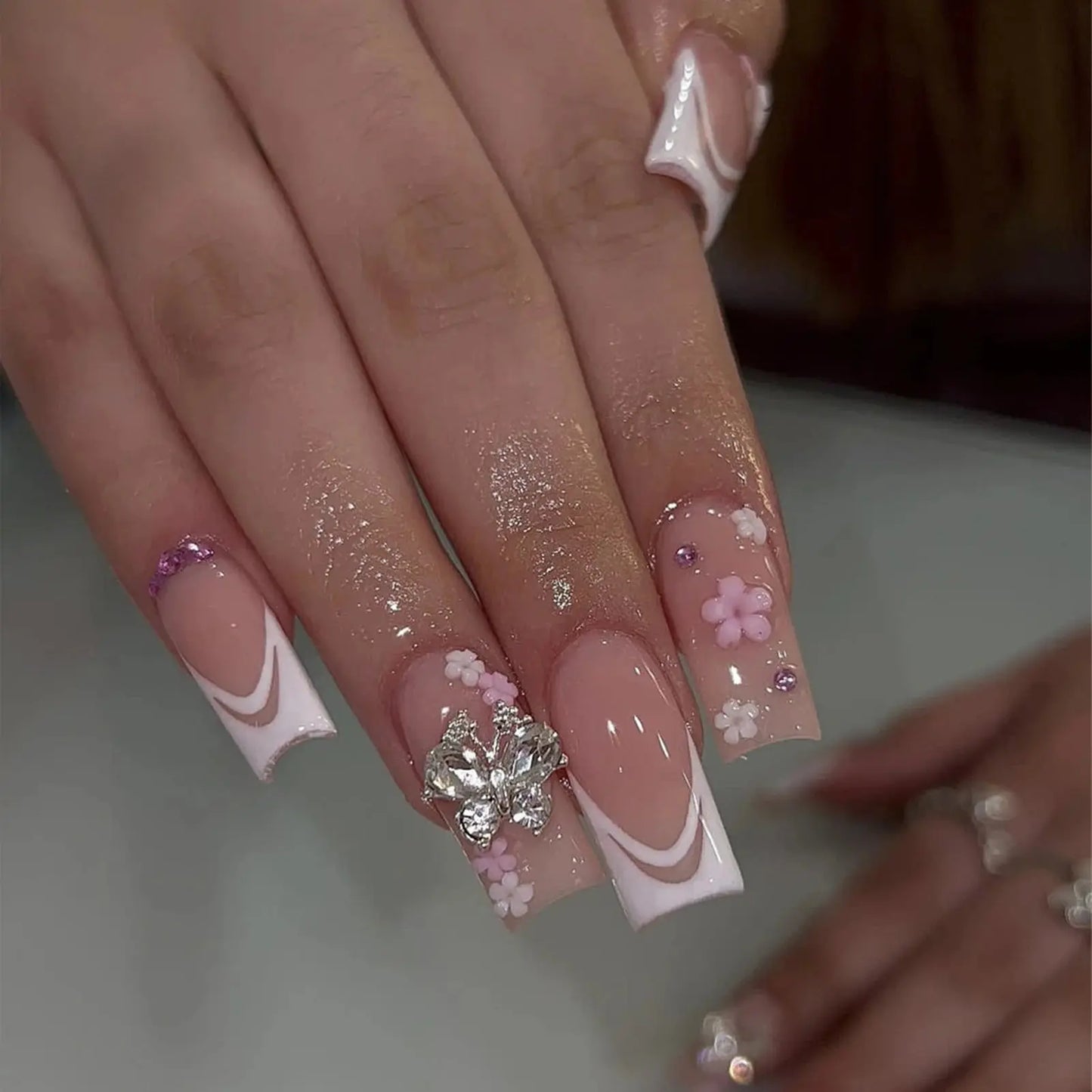 24pcs Sweet Cute Bow False Nails with Pink Crystal Design Korean Fake Nail Tips for Girl Lady Wearable Full Cover Press on Nails Tech Triumph Shop