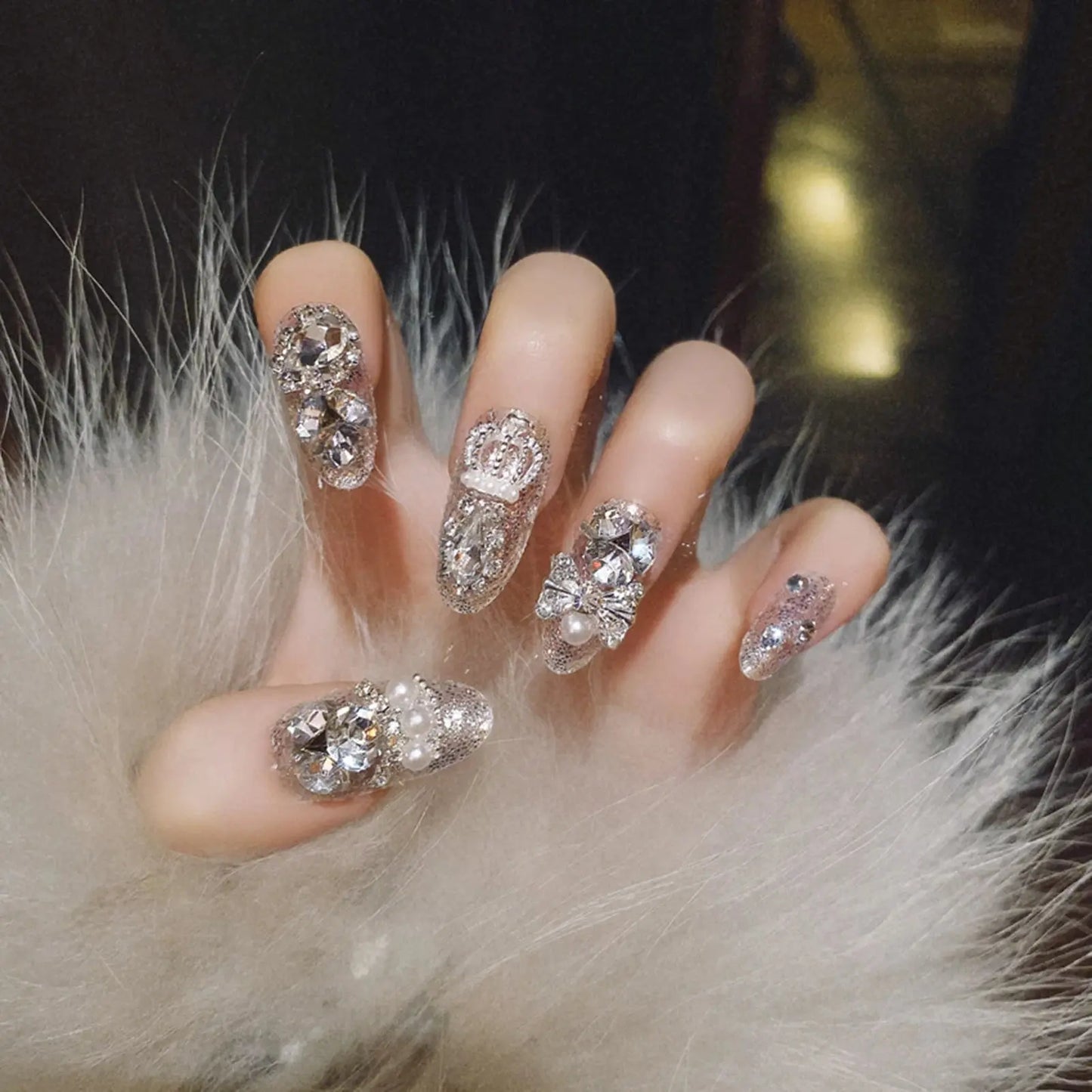 24pcs Sweet Cute Bow False Nails with Pink Crystal Design Korean Fake Nail Tips for Girl Lady Wearable Full Cover Press on Nails Tech Triumph Shop
