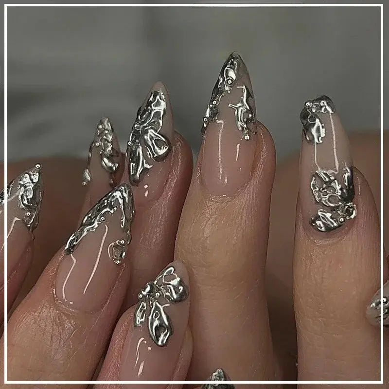 24Pcs False Nails Spicy Girl Silver Bow with Diamond Fake Nails with Glue Almond Press on Nails Black Cool Y2k Almond Nail Set Tech Triumph Shop