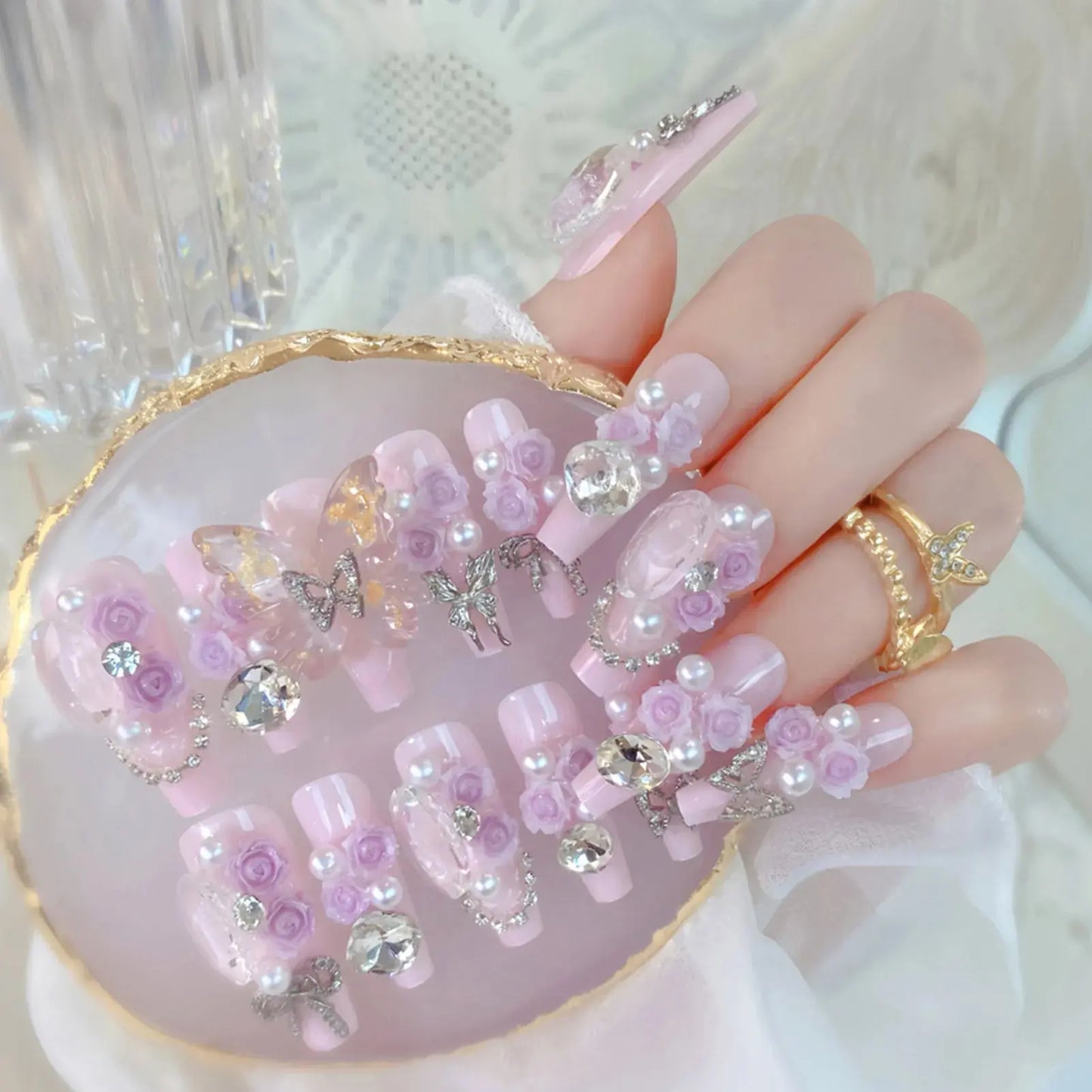 24pcs Sweet Cute Bow False Nails with Pink Crystal Design Korean Fake Nail Tips for Girl Lady Wearable Full Cover Press on Nails Tech Triumph Shop
