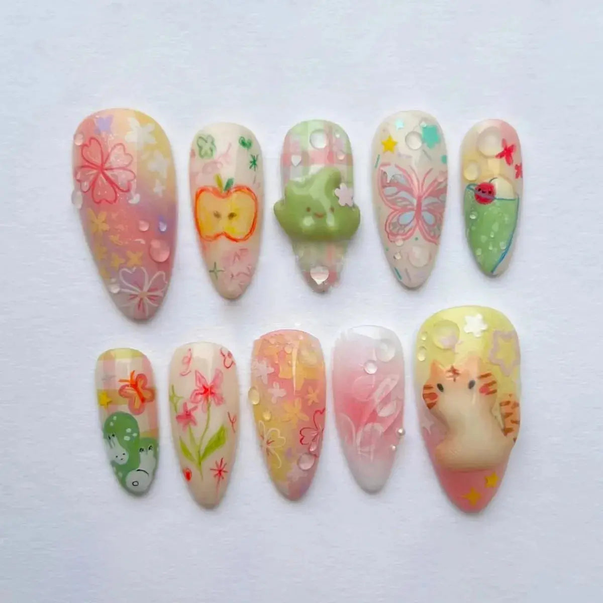 24pcs White Flower Fake Nail Tips Ins Yellow Pink Blush False Nails Wearable Full Cover European Almond Shaped Press on Nails Tech Triumph Shop