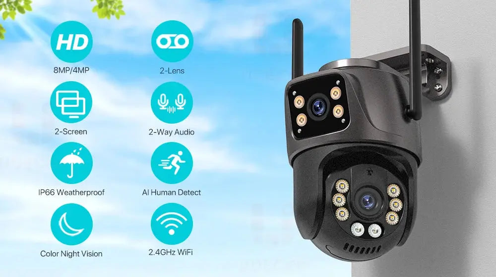 4K 8MP HD Wifi PTZ Camera Outdoor 4MP Dual Lens Dual Screen AI Auto Tracking IP Camera CCTV Audio Video Surveillance P2P iCSee Tech Triumph Shop