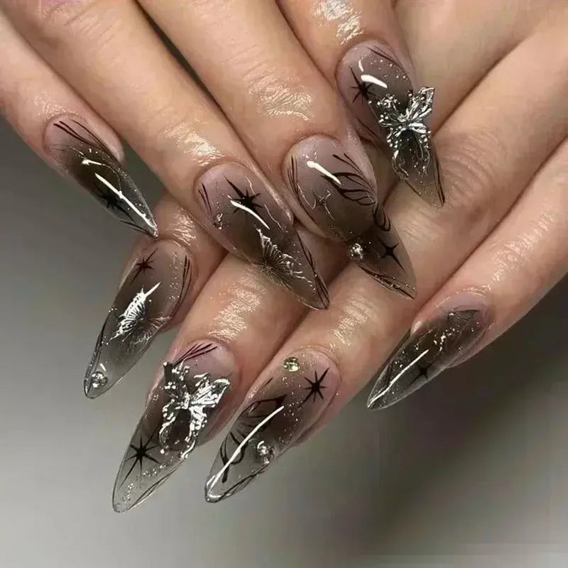 24Pcs False Nails Spicy Girl Silver Bow with Diamond Fake Nails with Glue Almond Press on Nails Black Cool Y2k Almond Nail Set Tech Triumph Shop