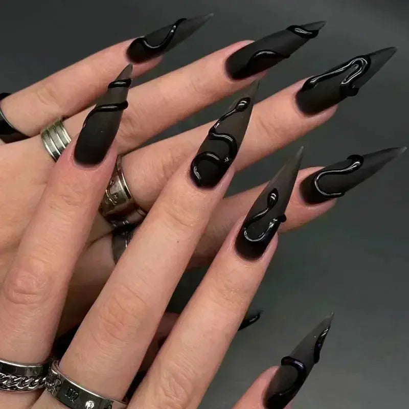 24Pcs False Nails Spicy Girl Silver Bow with Diamond Fake Nails with Glue Almond Press on Nails Black Cool Y2k Almond Nail Set Tech Triumph Shop