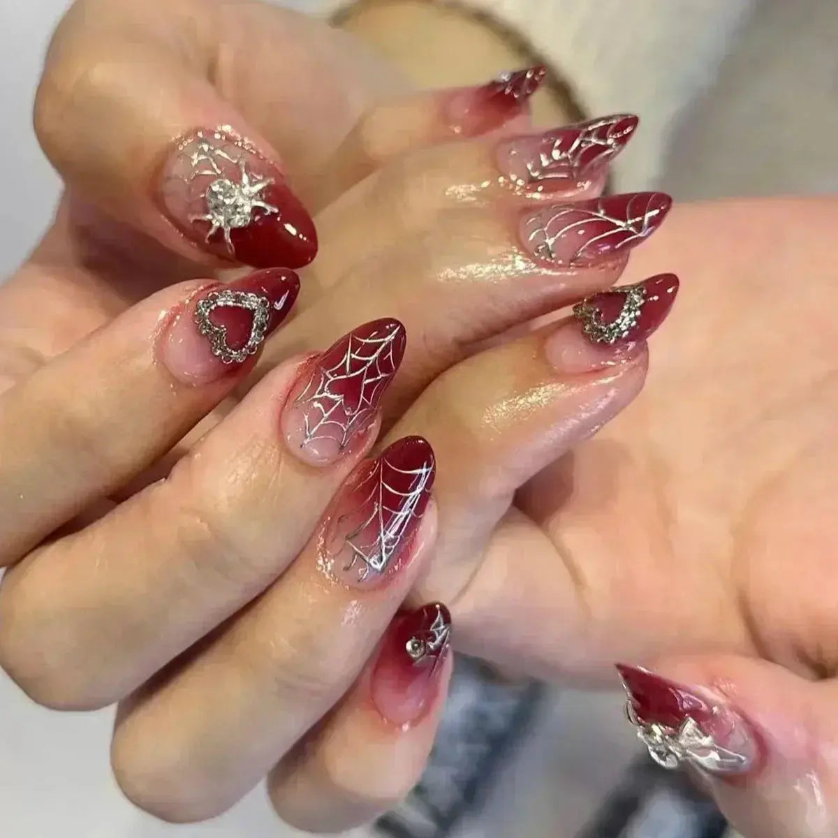 24Pcs False Nails Spicy Girl Silver Bow with Diamond Fake Nails with Glue Almond Press on Nails Black Cool Y2k Almond Nail Set Tech Triumph Shop
