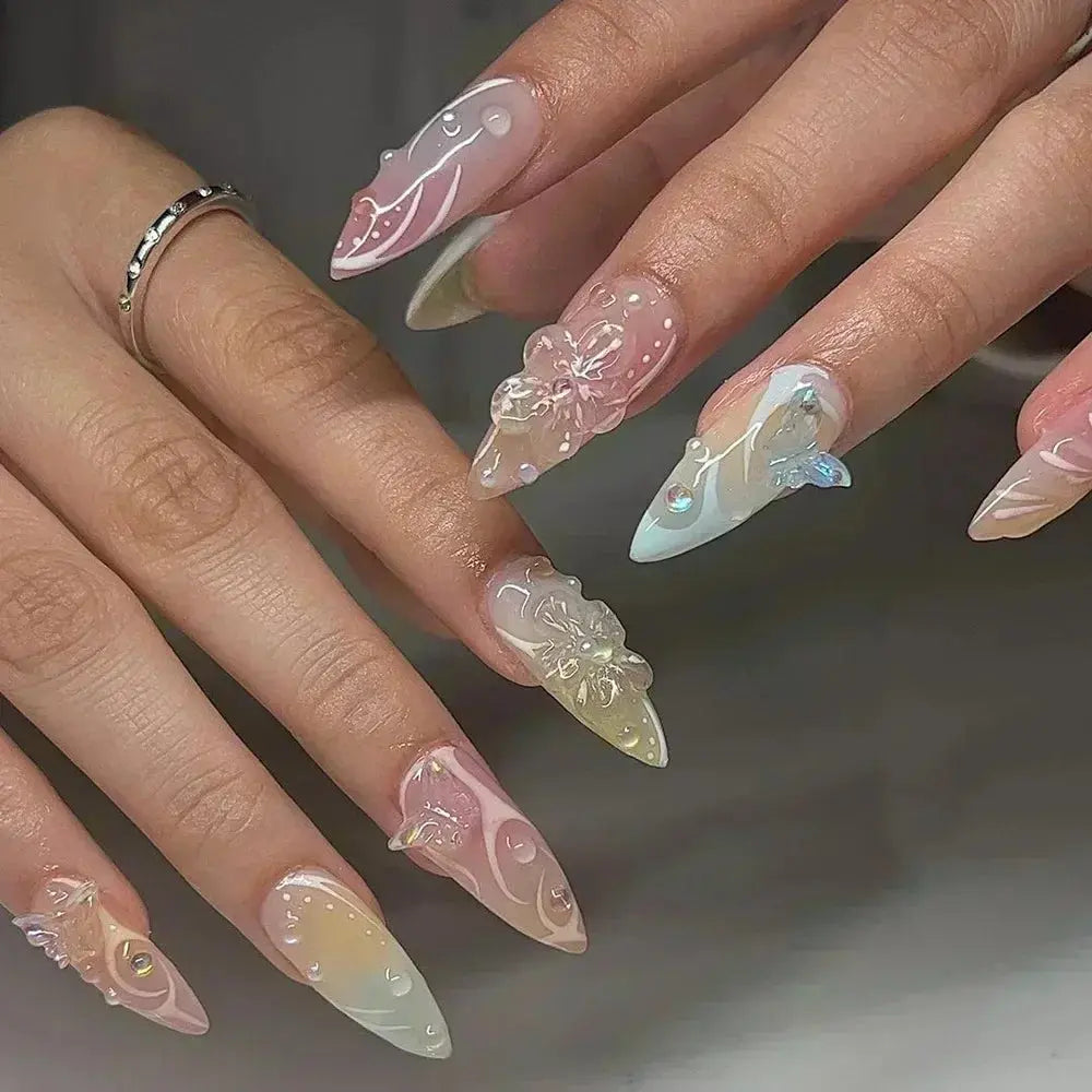 24Pcs Pink Almond False Nails Butterfly Ballet with French Design Wearable Fake Nails Simple Artificial Press on Nails Tips Art Tech Triumph Shop