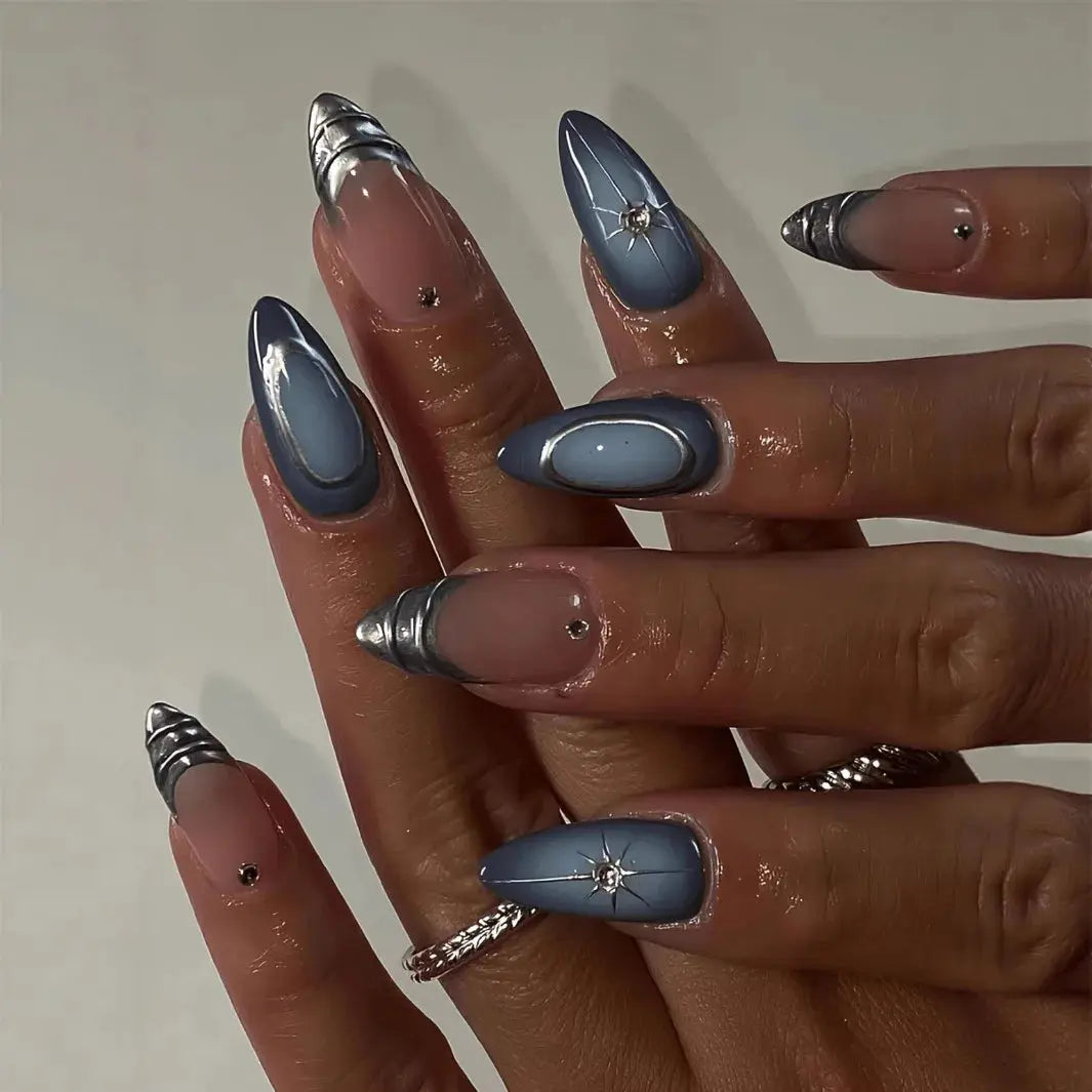 24Pcs False Nails Spicy Girl Silver Bow with Diamond Fake Nails with Glue Almond Press on Nails Black Cool Y2k Almond Nail Set Tech Triumph Shop
