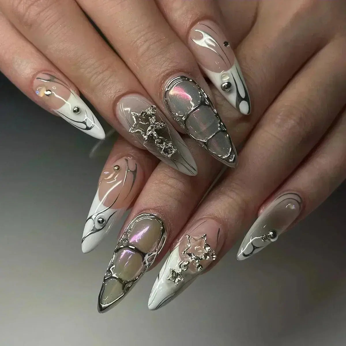 24Pcs False Nails Spicy Girl Silver Bow with Diamond Fake Nails with Glue Almond Press on Nails Black Cool Y2k Almond Nail Set Tech Triumph Shop
