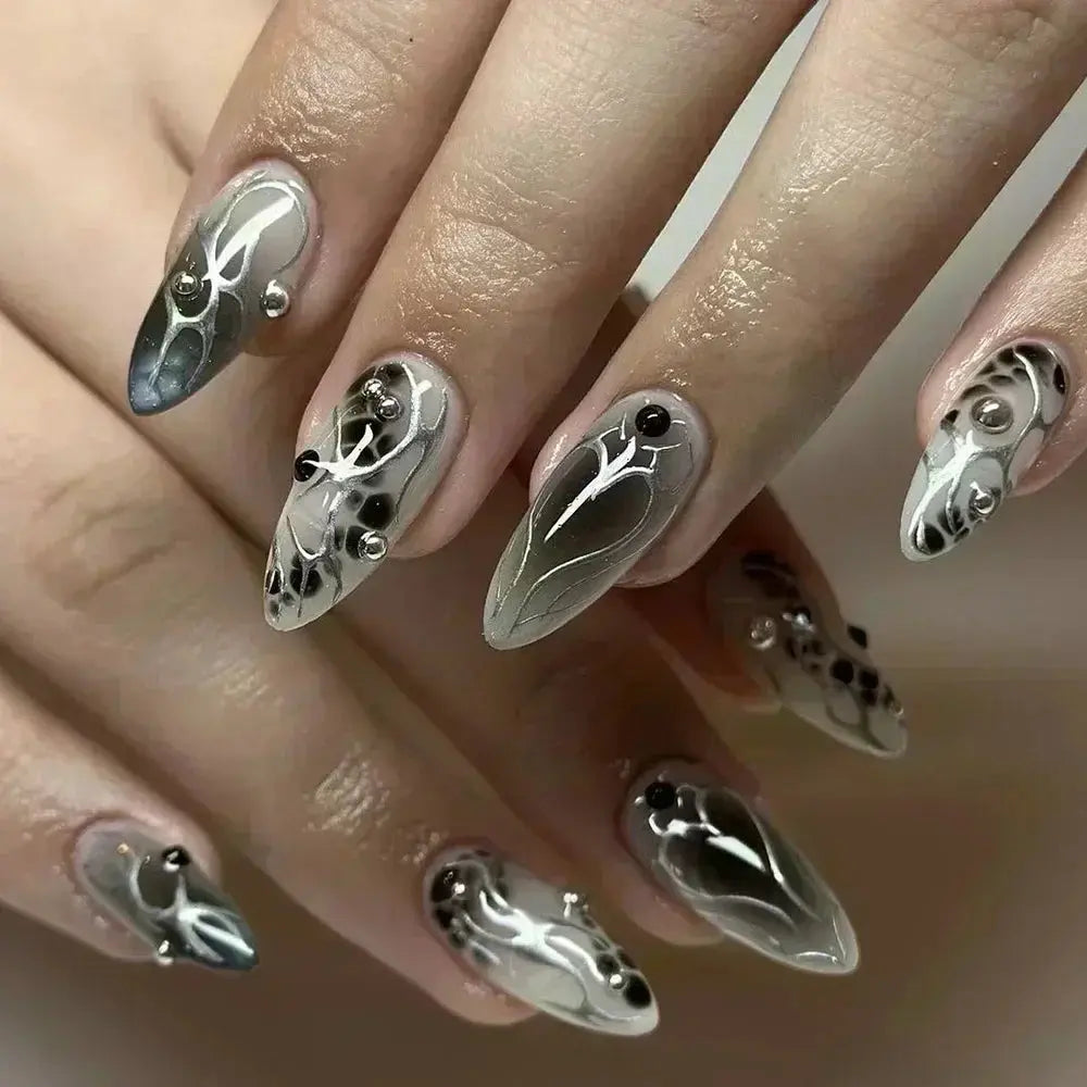 24Pcs False Nails Spicy Girl Silver Bow with Diamond Fake Nails with Glue Almond Press on Nails Black Cool Y2k Almond Nail Set Tech Triumph Shop