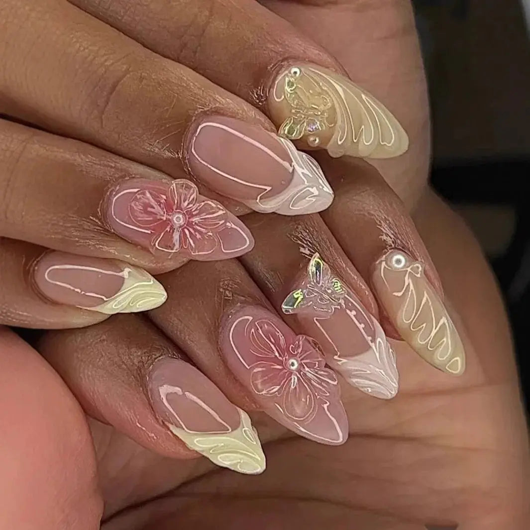 24Pcs Pink Almond False Nails Butterfly Ballet with French Design Wearable Fake Nails Simple Artificial Press on Nails Tips Art Tech Triumph Shop