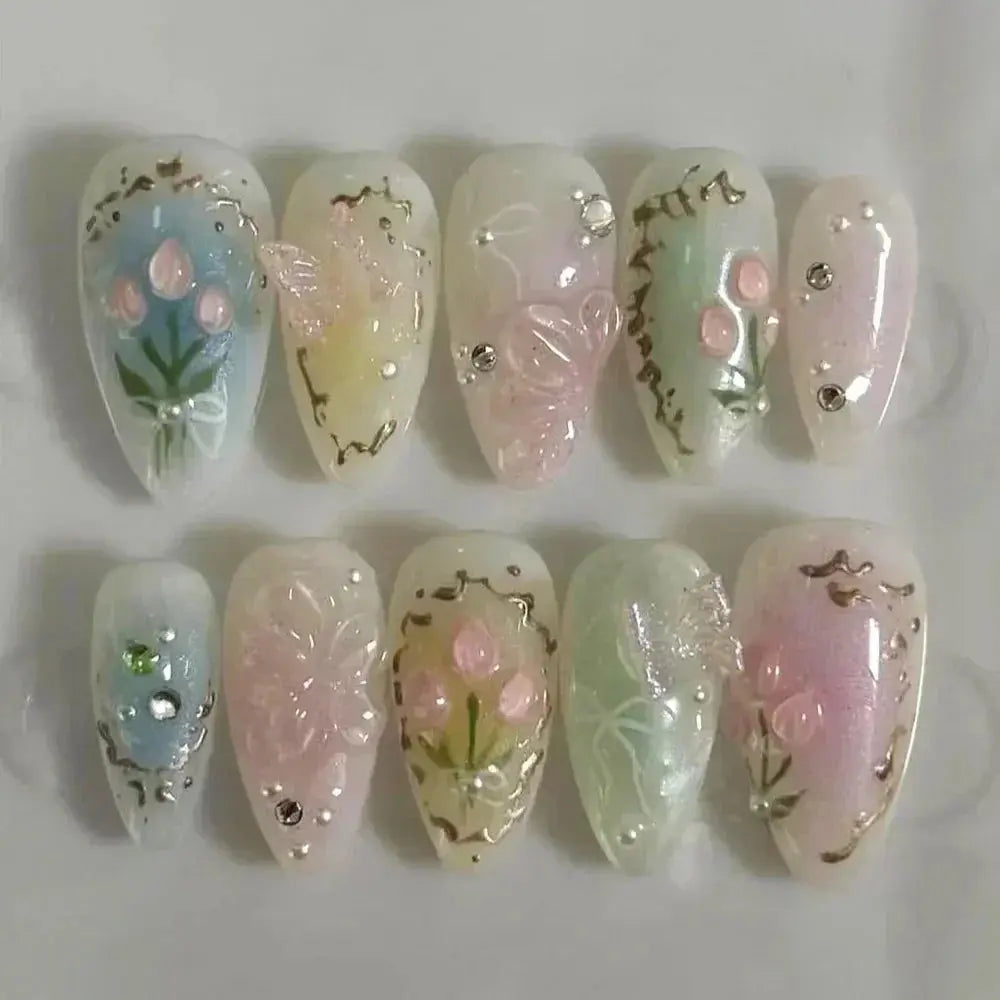 24Pcs Pink Almond False Nails Butterfly Ballet with French Design Wearable Fake Nails Simple Artificial Press on Nails Tips Art Tech Triumph Shop