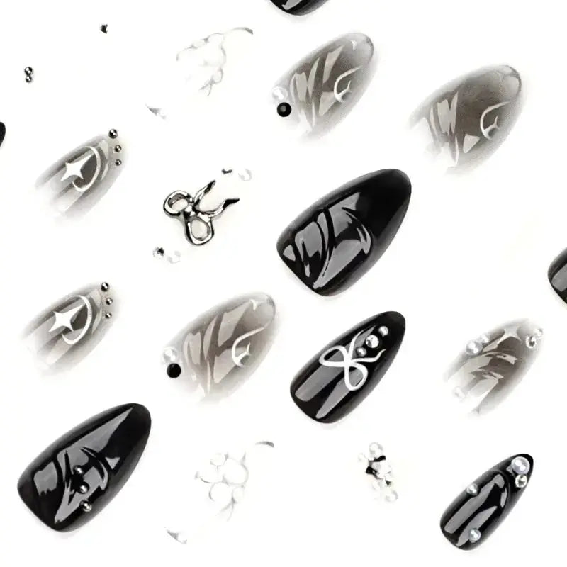 24Pcs False Nails Spicy Girl Silver Bow with Diamond Fake Nails with Glue Almond Press on Nails Black Cool Y2k Almond Nail Set Tech Triumph Shop