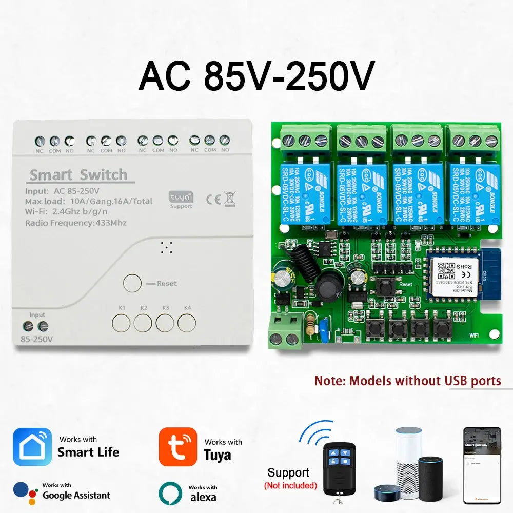 4CH Tuya Wifi Relay Smart Wireless Switch Module 4 Channel 7-32V 85-250V 220V 110V 2200W RF433 10A 4 Way Receiver For Alexa Tech Triumph Shop