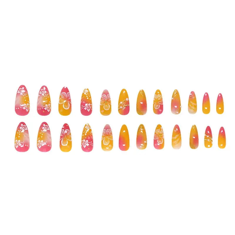 24pcs White Flower Fake Nail Tips Ins Yellow Pink Blush False Nails Wearable Full Cover European Almond Shaped Press on Nails Tech Triumph Shop