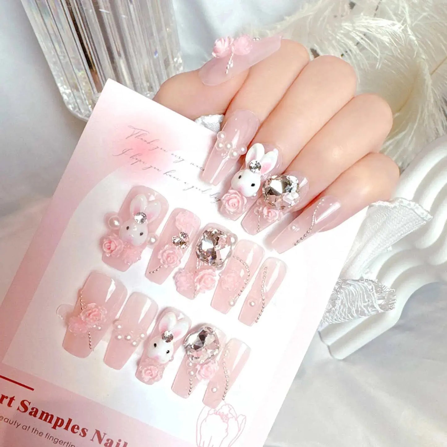 24pcs Sweet Cute Bow False Nails with Pink Crystal Design Korean Fake Nail Tips for Girl Lady Wearable Full Cover Press on Nails Tech Triumph Shop