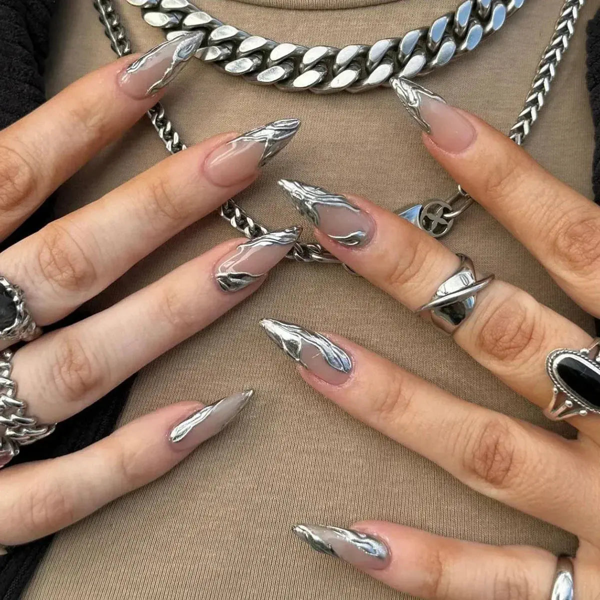 24Pcs False Nails Spicy Girl Silver Bow with Diamond Fake Nails with Glue Almond Press on Nails Black Cool Y2k Almond Nail Set Tech Triumph Shop
