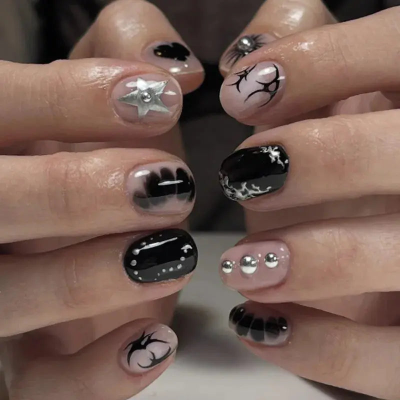 24Pcs False Nails Spicy Girl Silver Bow with Diamond Fake Nails with Glue Almond Press on Nails Black Cool Y2k Almond Nail Set Tech Triumph Shop