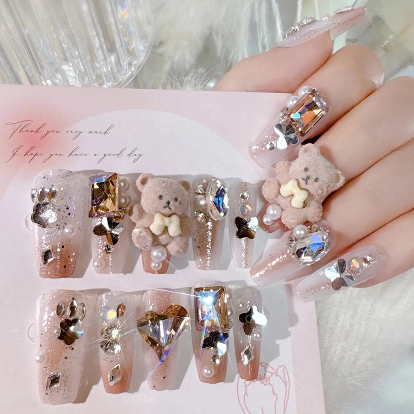 24pcs Sweet Cute Bow False Nails with Pink Crystal Design Korean Fake Nail Tips for Girl Lady Wearable Full Cover Press on Nails Tech Triumph Shop