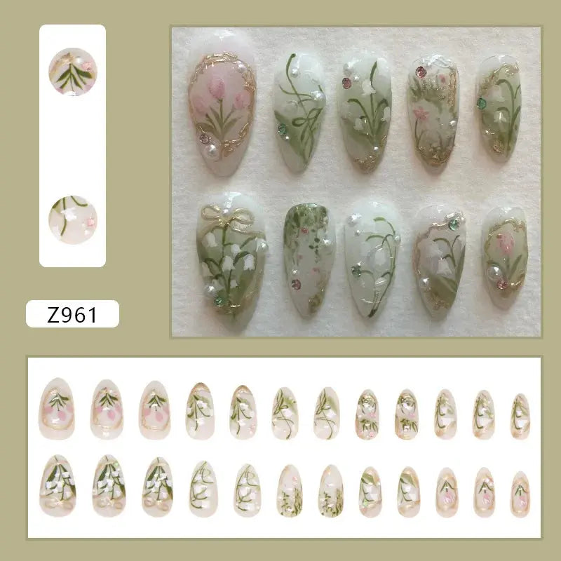 24pcs White Flower Fake Nail Tips Ins Yellow Pink Blush False Nails Wearable Full Cover European Almond Shaped Press on Nails Tech Triumph Shop