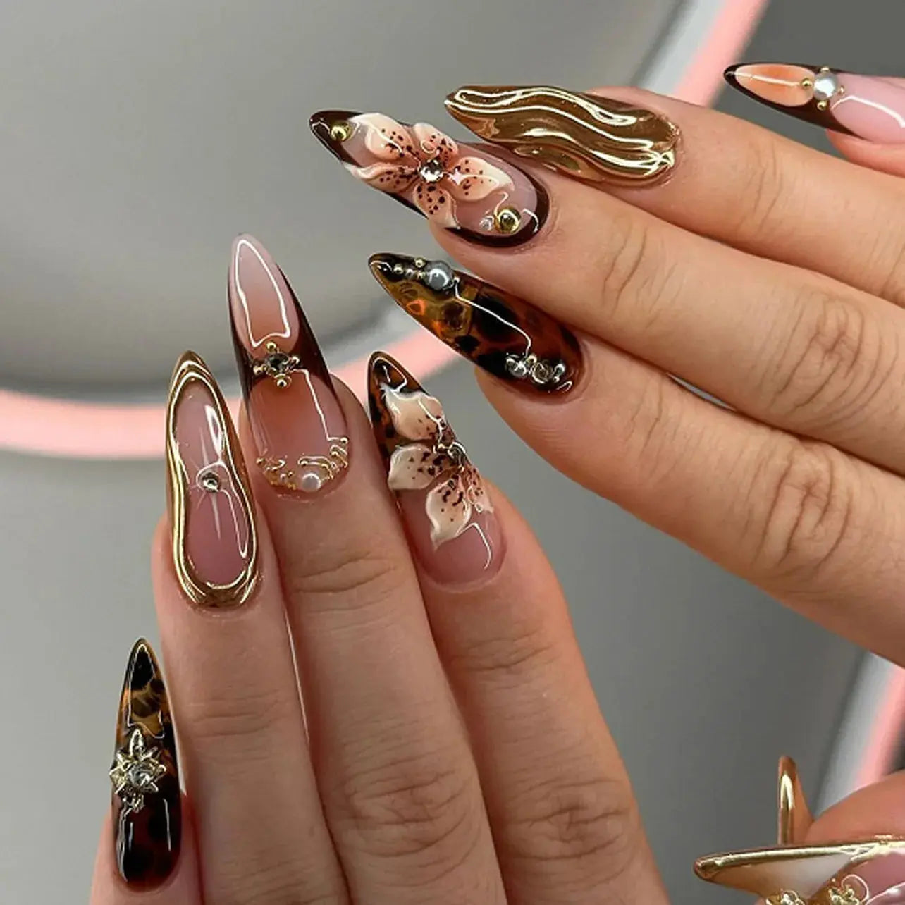 24Pcs False Nails Spicy Girl Silver Bow with Diamond Fake Nails with Glue Almond Press on Nails Black Cool Y2k Almond Nail Set Tech Triumph Shop