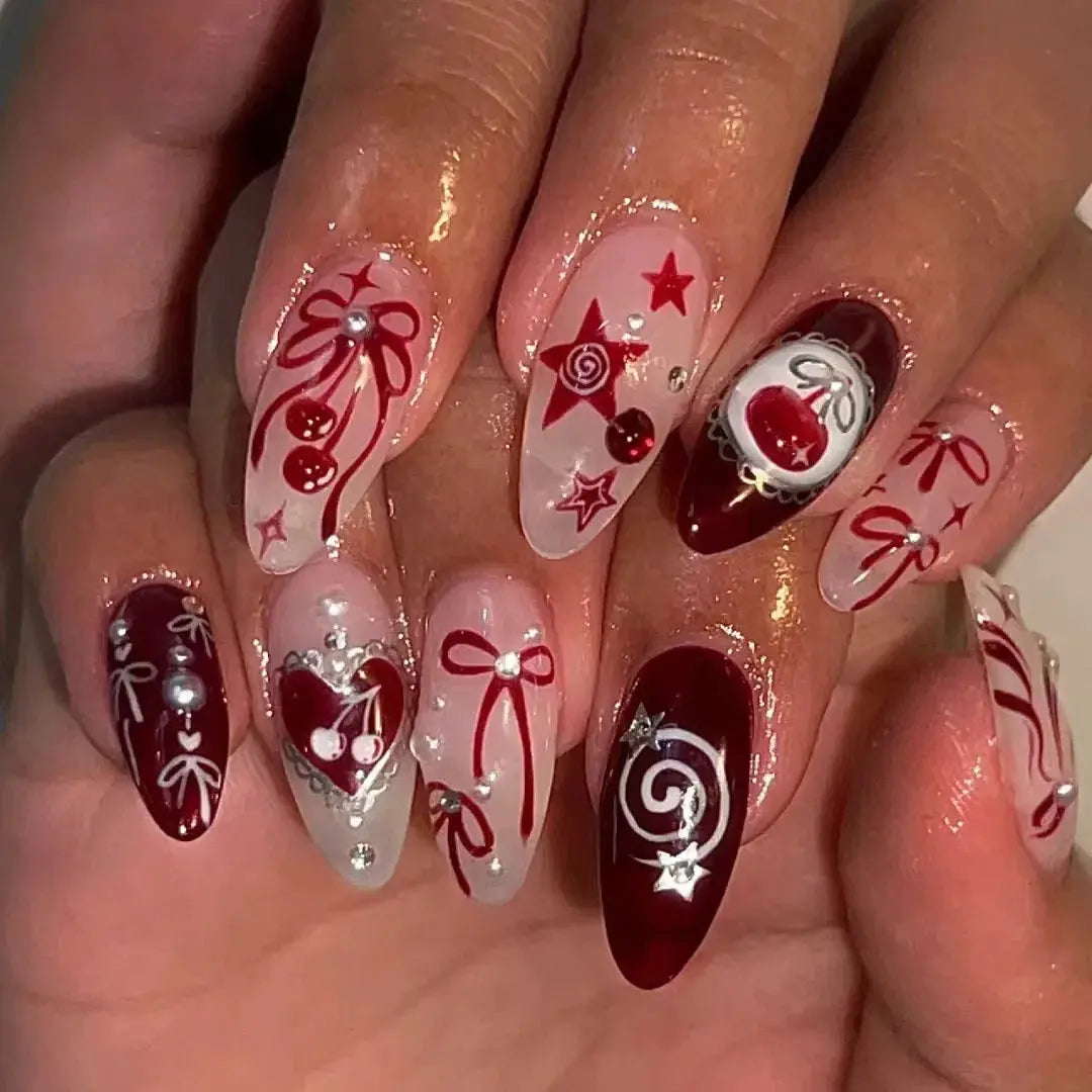 24Pcs False Nails Spicy Girl Silver Bow with Diamond Fake Nails with Glue Almond Press on Nails Black Cool Y2k Almond Nail Set Tech Triumph Shop