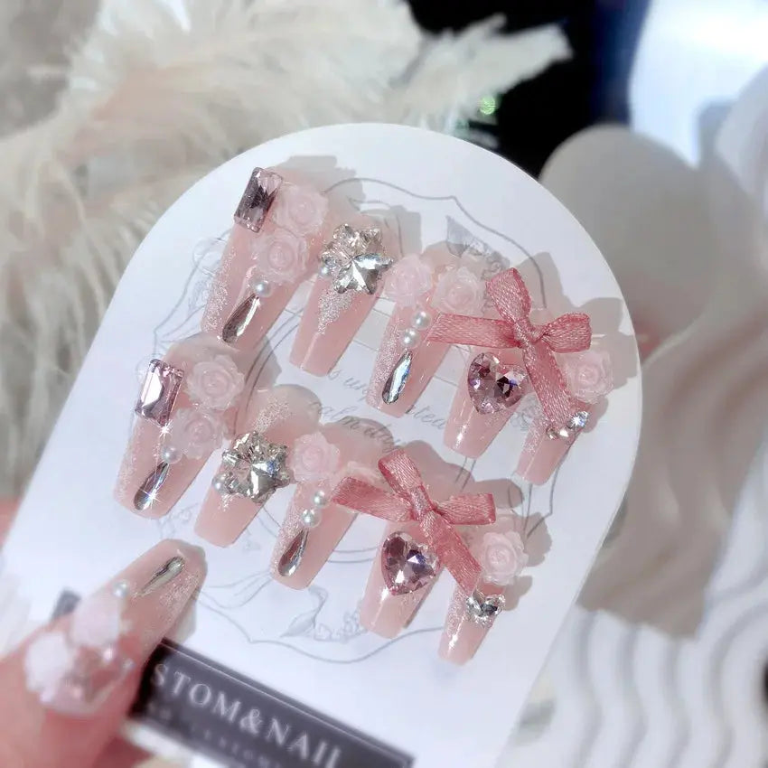 24pcs Sweet Cute Bow False Nails with Pink Crystal Design Korean Fake Nail Tips for Girl Lady Wearable Full Cover Press on Nails Tech Triumph Shop