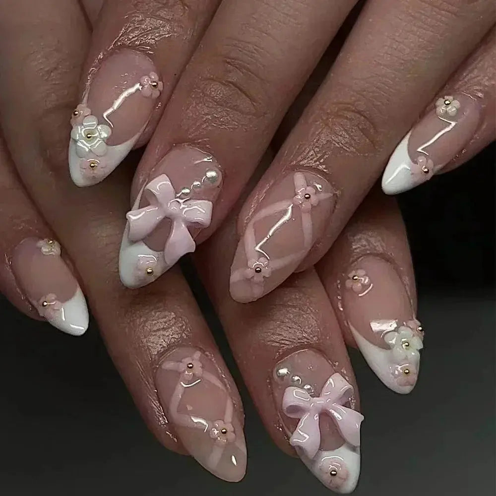 24Pcs Pink Almond False Nails Butterfly Ballet with French Design Wearable Fake Nails Simple Artificial Press on Nails Tips Art Tech Triumph Shop