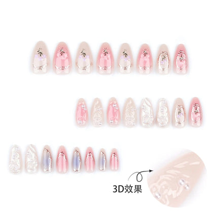 24Pcs Pink Almond False Nails Butterfly Ballet with French Design Wearable Fake Nails Simple Artificial Press on Nails Tips Art Tech Triumph Shop