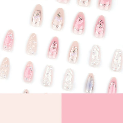 24Pcs Pink Almond False Nails Butterfly Ballet with French Design Wearable Fake Nails Simple Artificial Press on Nails Tips Art Tech Triumph Shop