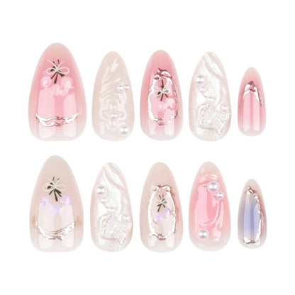 24Pcs Pink Almond False Nails Butterfly Ballet with French Design Wearable Fake Nails Simple Artificial Press on Nails Tips Art Tech Triumph Shop