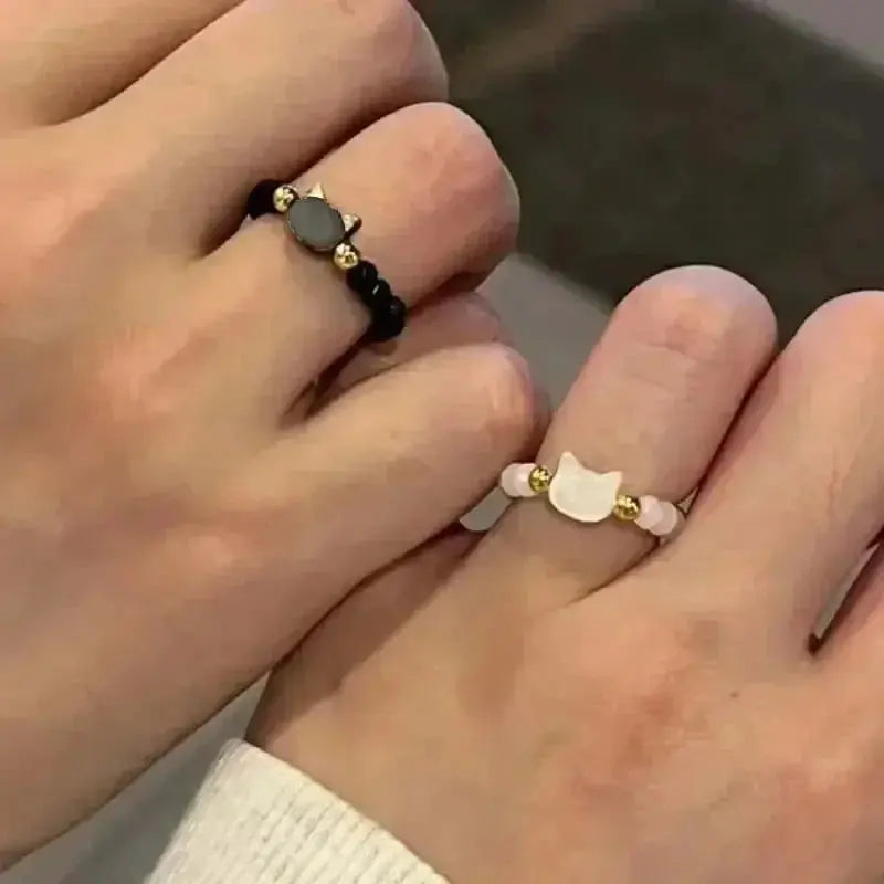2pcs Natural Moonstone Obsidian Rings Beads Minimalist Fidget Ring Cute Black White Cat Ring Women Men Party Accessories Jewelry Tech Triumph Shop