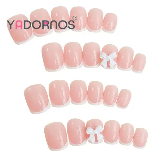 White French Press on Nails 3D Bowknot Fake Nails Tips Full Cover Wearable False Nails for Women and Girls DIY Manicure 24Pcs Tech Triumph Shop