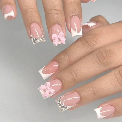 White French Press on Nails 3D Bowknot Fake Nails Tips Full Cover Wearable False Nails for Women and Girls DIY Manicure 24Pcs Tech Triumph Shop