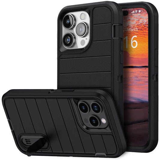 For iPhone 14/iPhone 14 Plus/iPhone 14 Pro/iPhone 14 Pro Max 5G 3-Layers Heavy Duty Protective Kickstand Phone Cover Black Case Tech Triumph Shop