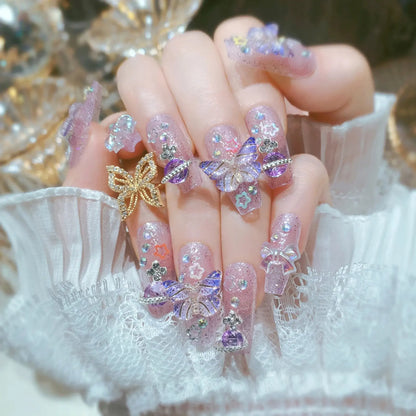 24pcs Sweet Cute Bow False Nails with Pink Crystal Design Korean Fake Nail Tips for Girl Lady Wearable Full Cover Press on Nails Tech Triumph Shop