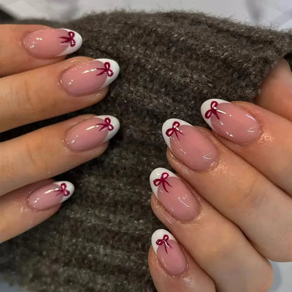 White French Press on Nails 3D Bowknot Fake Nails Tips Full Cover Wearable False Nails for Women and Girls DIY Manicure 24Pcs Tech Triumph Shop