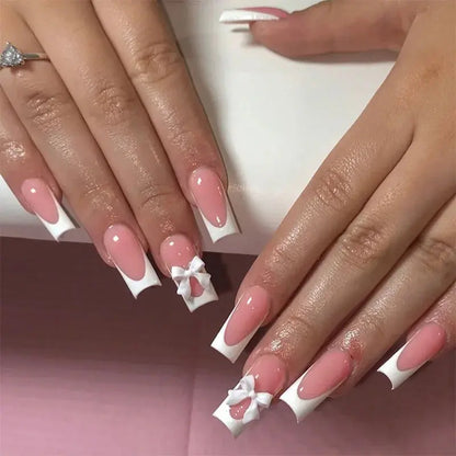 White French Press on Nails 3D Bowknot Fake Nails Tips Full Cover Wearable False Nails for Women and Girls DIY Manicure 24Pcs Tech Triumph Shop