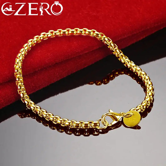 ALIZERO 18K Gold Bracelets 925 Sterling Silver 4mm Round Box Chain Bracelet For Woman Man Fashion Jewelry Wedding Party Gift Tech Triumph Shop