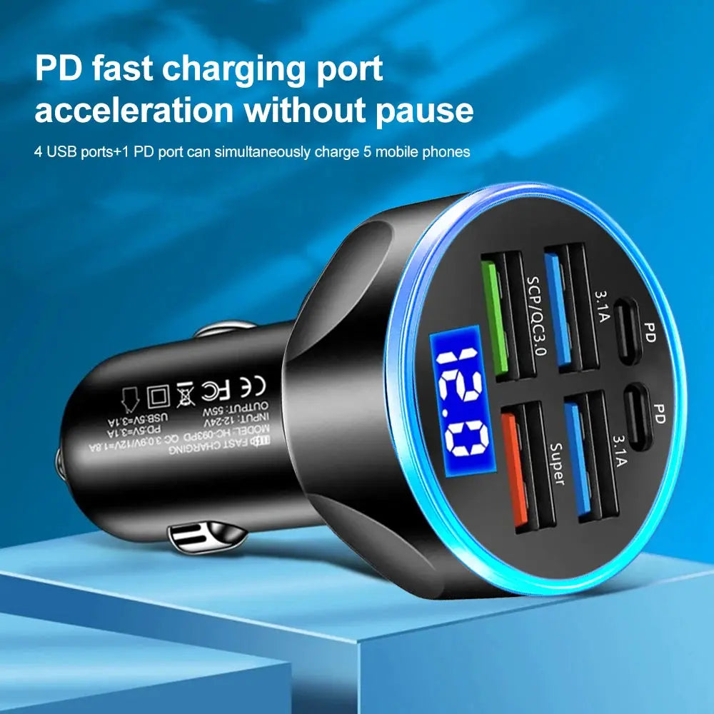 66-250W PD Car Charger QC3.0 Fast Charge One to Six Car Cigarette Lighter Plug Car Charger Flash Charge with Digital Display Tech Triumph Shop