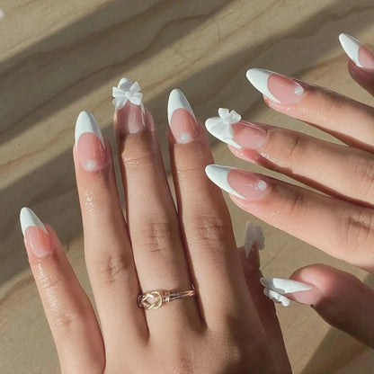 White French Press on Nails 3D Bowknot Fake Nails Tips Full Cover Wearable False Nails for Women and Girls DIY Manicure 24Pcs Tech Triumph Shop