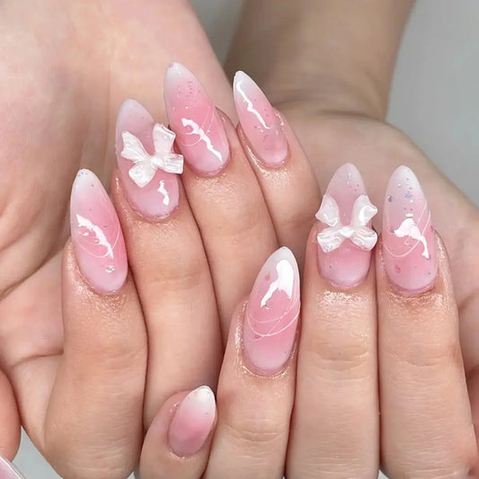 White French Press on Nails 3D Bowknot Fake Nails Tips Full Cover Wearable False Nails for Women and Girls DIY Manicure 24Pcs Tech Triumph Shop