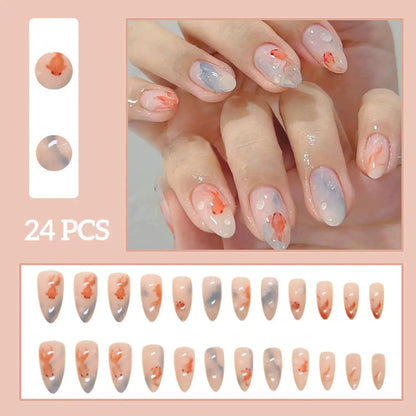 24pcs White Flower Fake Nail Tips Ins Yellow Pink Blush False Nails Wearable Full Cover European Almond Shaped Press on Nails Tech Triumph Shop