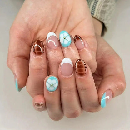 24pcs White Flower Fake Nail Tips Ins Yellow Pink Blush False Nails Wearable Full Cover European Almond Shaped Press on Nails Tech Triumph Shop