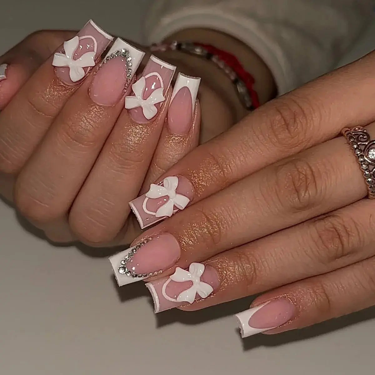 White French Press on Nails 3D Bowknot Fake Nails Tips Full Cover Wearable False Nails for Women and Girls DIY Manicure 24Pcs Tech Triumph Shop